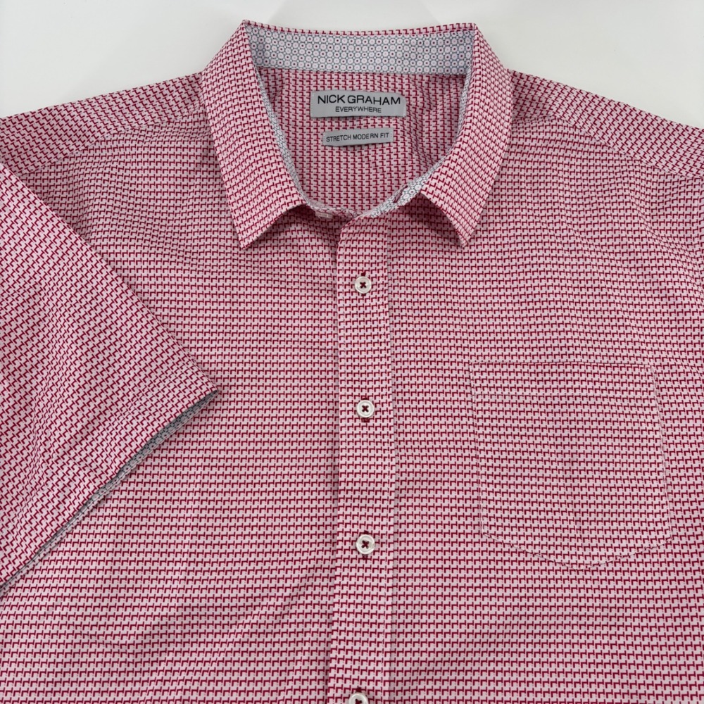 Nick Graham Button Down Shirt Mens XXL Red Geometric Stretch Modern Fit Casual